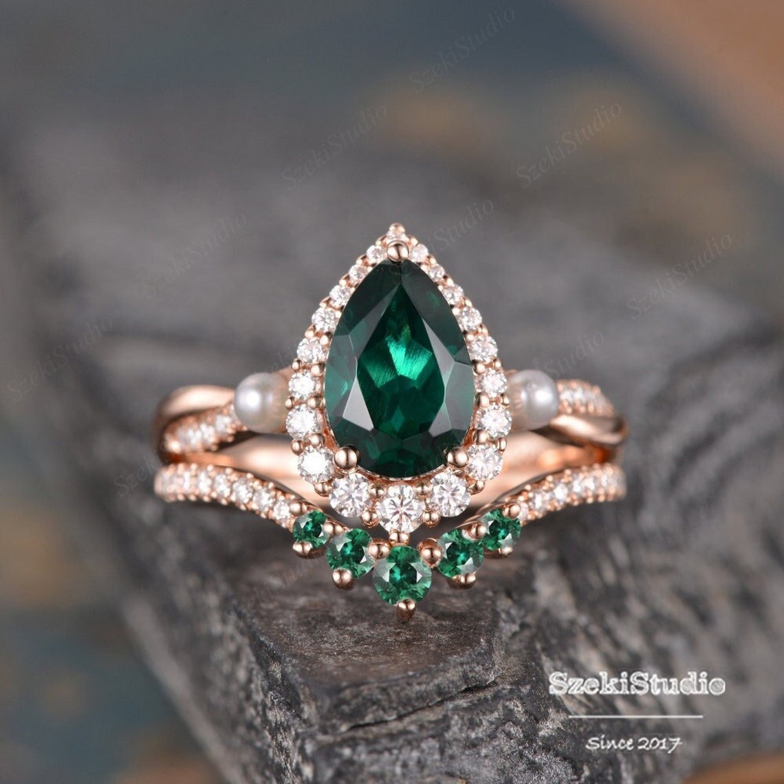 Emerald Engagement Ring Set Rose Gold Pear Shaped Lab Emerald image 1
