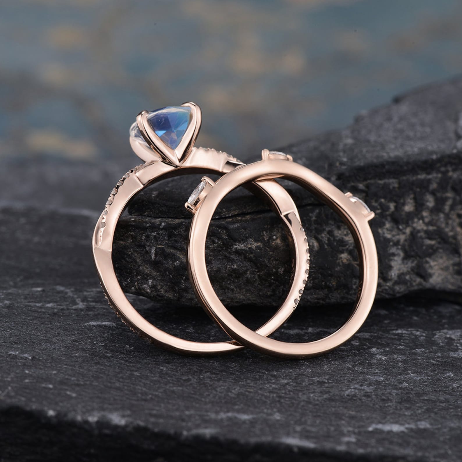 7mm Rose Gold Moonstone Bridal Set Moonstone Engagement Ring Twist
