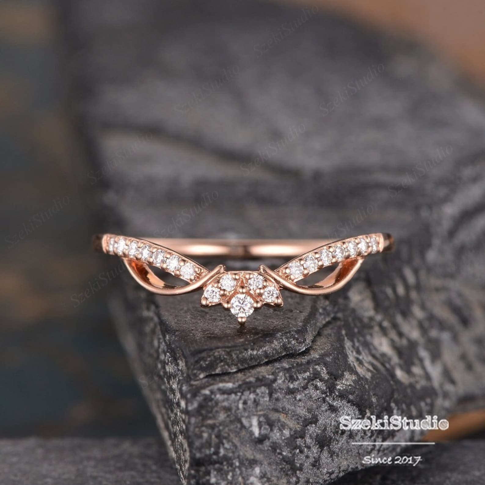 Vine Moissanite Wedding Band Rose Gold Leaf Curved Ring Unique V Shaped ...
