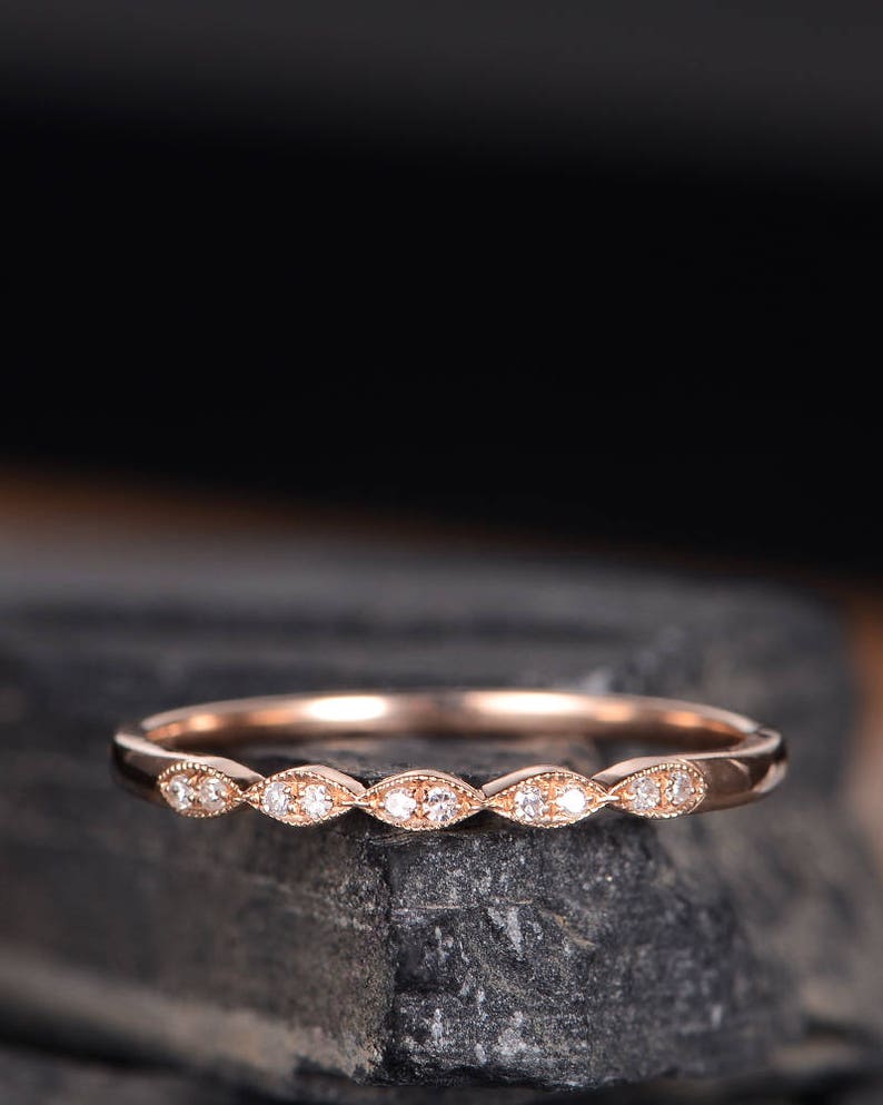 Rose Gold Wedding Band Women Art Deco Marquise Diamond Band Etsy
