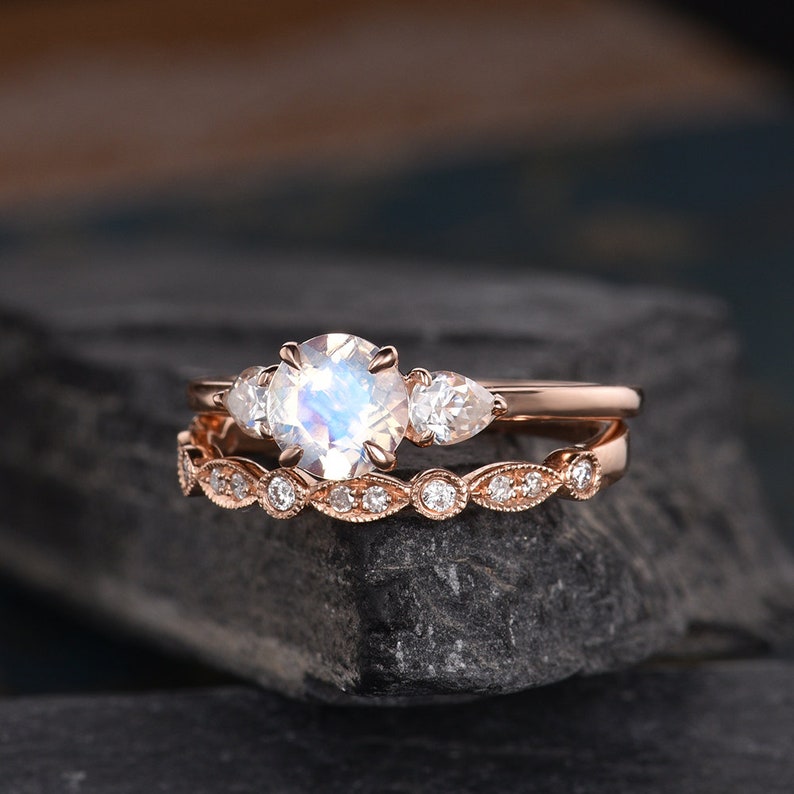 Rose Gold Moonstone Engagement Ring Bridal Set Moissanite | Etsy