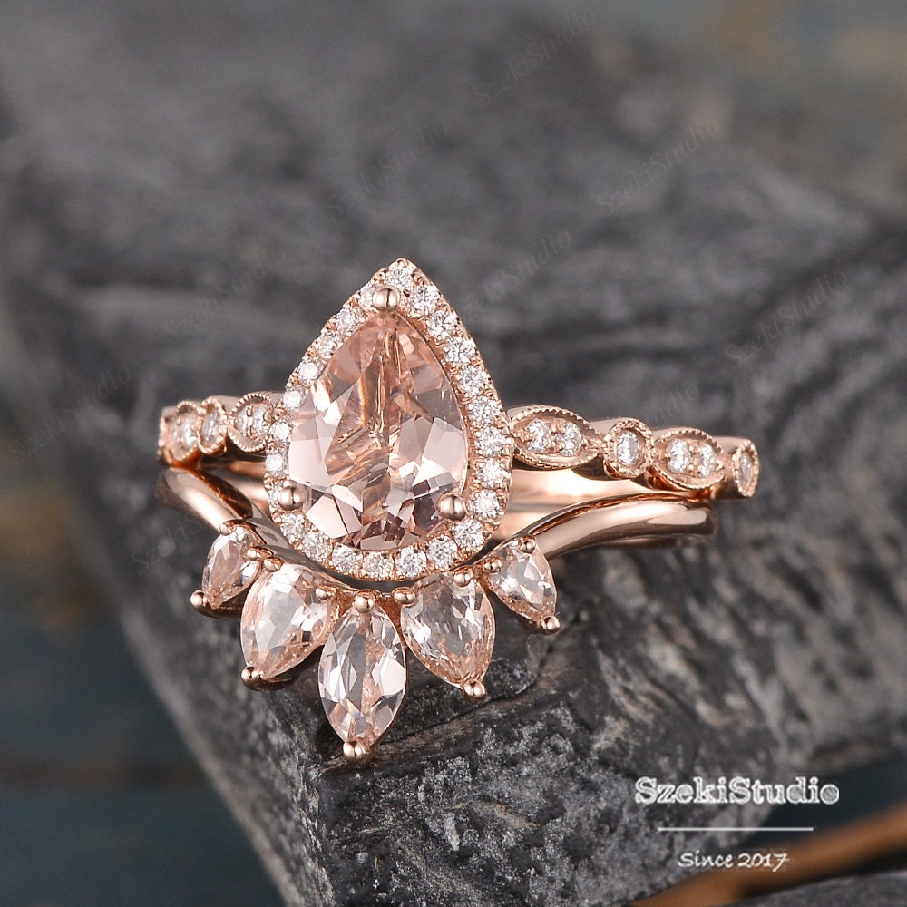 Pear Shaped Morganite Engagement Ring 2pcs Rose Gold Ring | Etsy