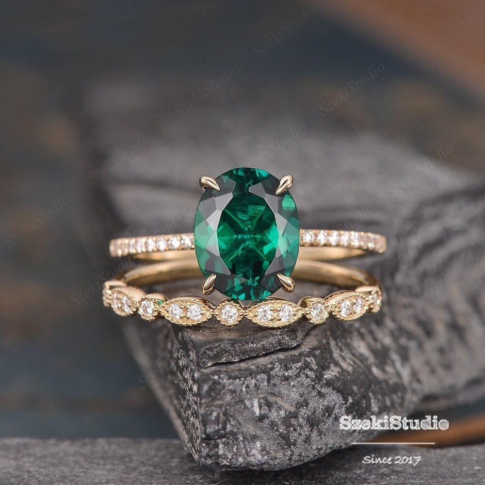 Yellow Gold Oval Cut Lab Emerald Engagement Ring Set Vintage -  MollyJewelryUS