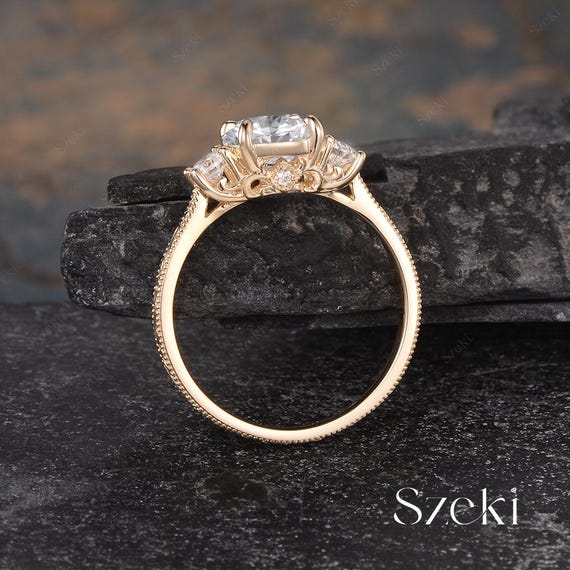 Unique Round Lab Grown Diamond Engagement Ring Yellow Gold Engraved Ring Three Stone Diamond Ring Filigree Ring IGI Certified Promise Ring