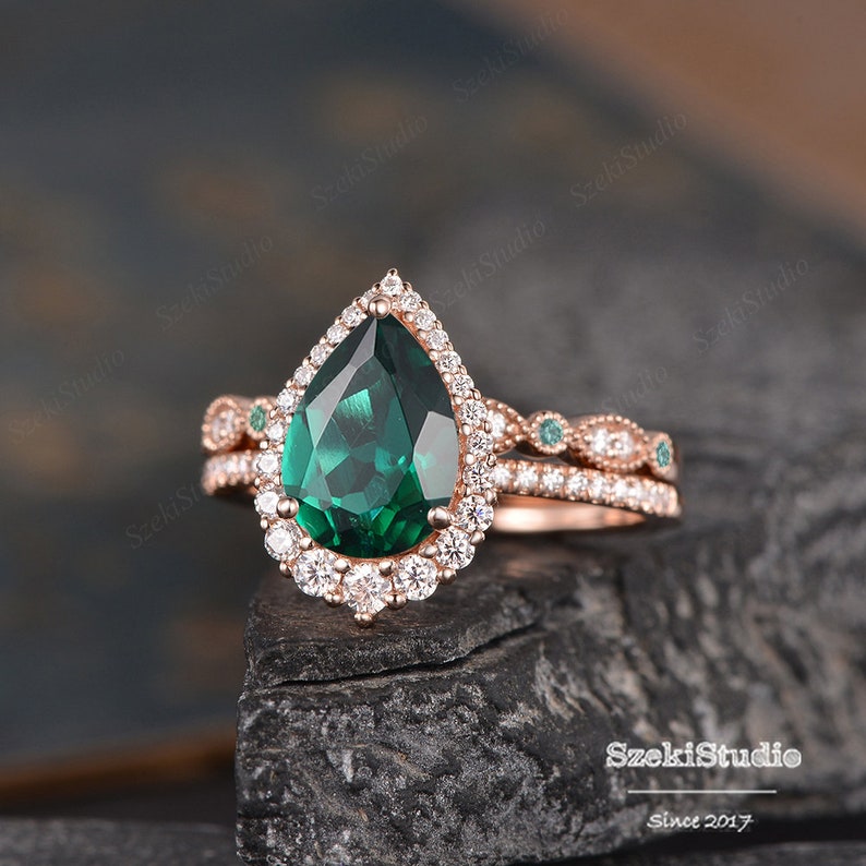 3.5ct Pear Cut Emerald Engagement Ring Set Pear Shaped Wedding | Etsy