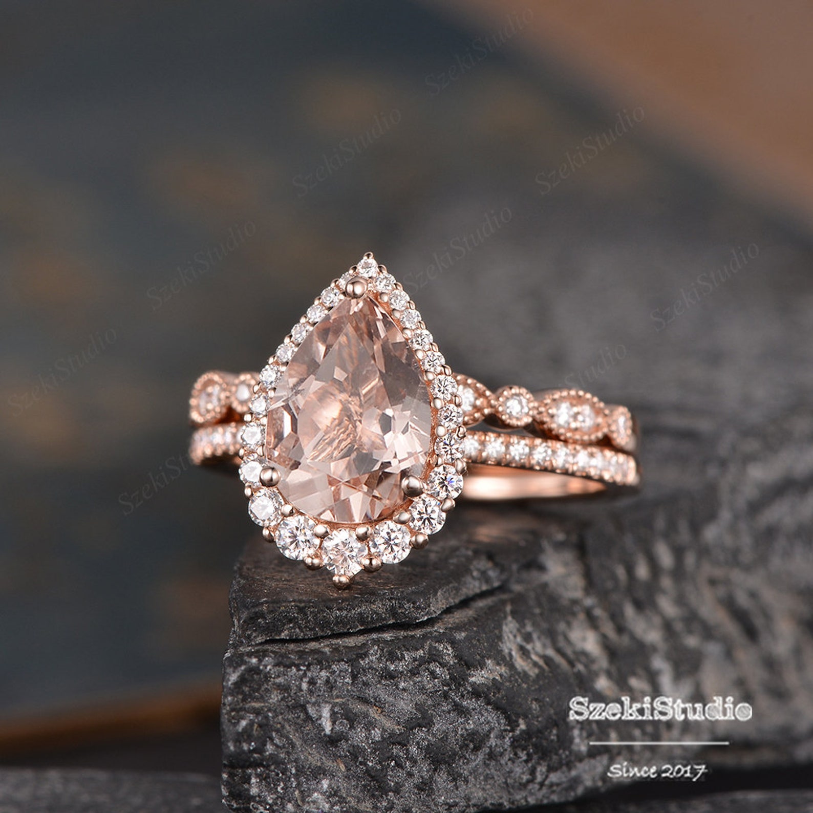 3.5ct Pear Cut Morganite Engagement Ring Set Pear Shaped | Etsy