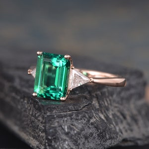 Emerald Cut Emerald Engagement Ring Rose Gold Trillion Cut Lab Emerald ...