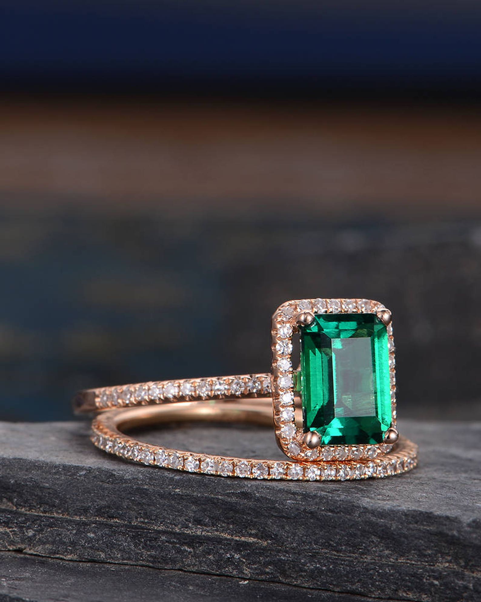 Lab Emerald Bridal Sets Wedding Ring Rose Gold Engagement Ring Etsy