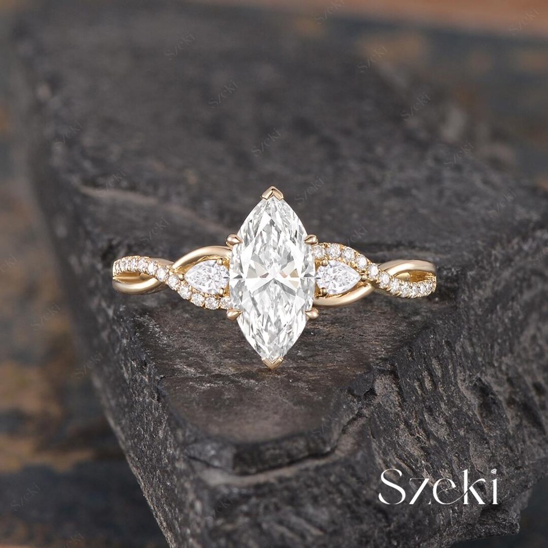 Unique Marquise Cut Lab Grown Diamond Ring Yellow Gold Twist Engagement ...