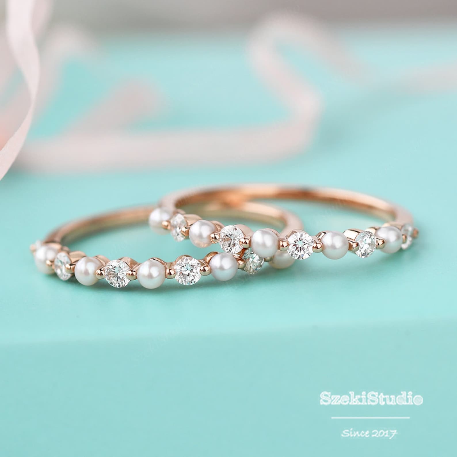 Pearl Diamond Wedding Band Women Rose Gold Pearl Matching Band - Etsy Pearl Diamond Wedding Band Women Rose Gold Pearl Matching Band - Etsy