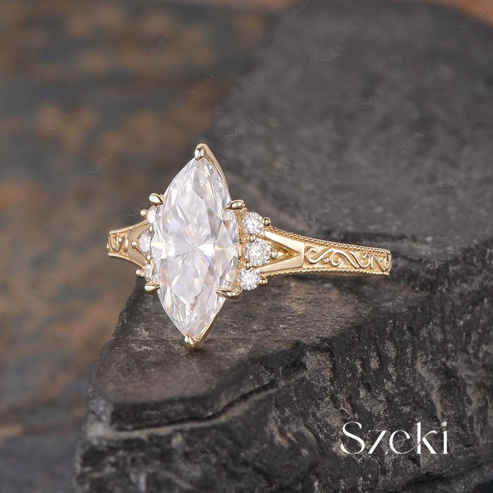 Vintage Marquise Cut Moissanite Tulip Engagement Ring Yellow Gold ...