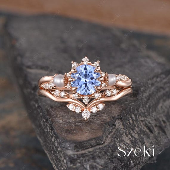 Unique Cornflower Sapphire Engagement Ring Set Rose Gold Round