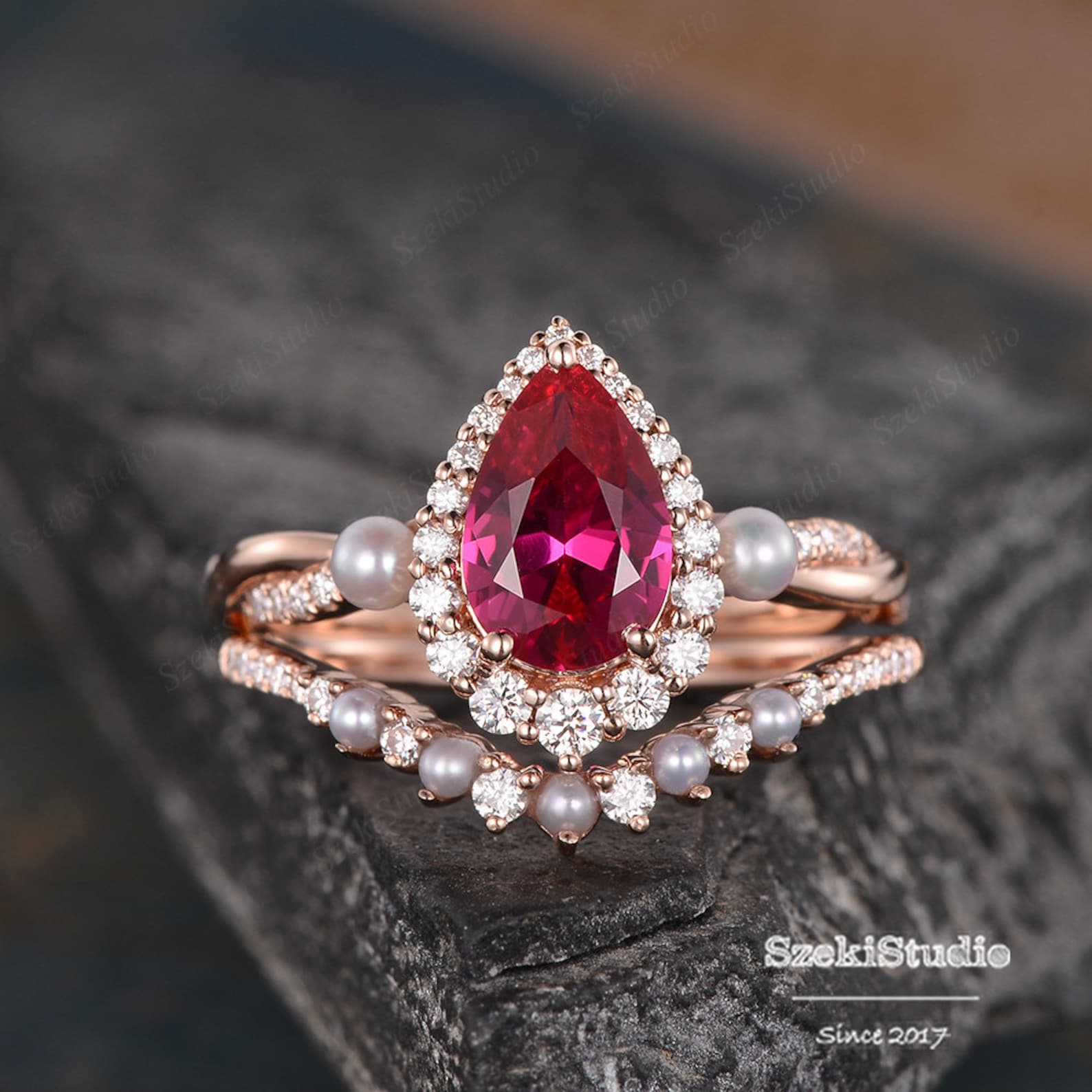 Pearl Ruby Engagement Ring Set Rose Gold Women Pear Shaped Lab Ruby Pearl Ruby Engagement Ring Set Rose Gold Women Pear Shaped Lab Ruby