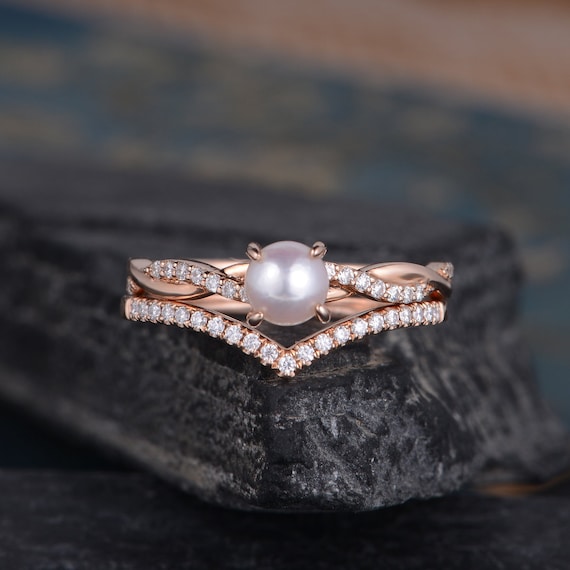 Curved Shaped Pearl Engagement Ring Rose Gold Infinity Diamond