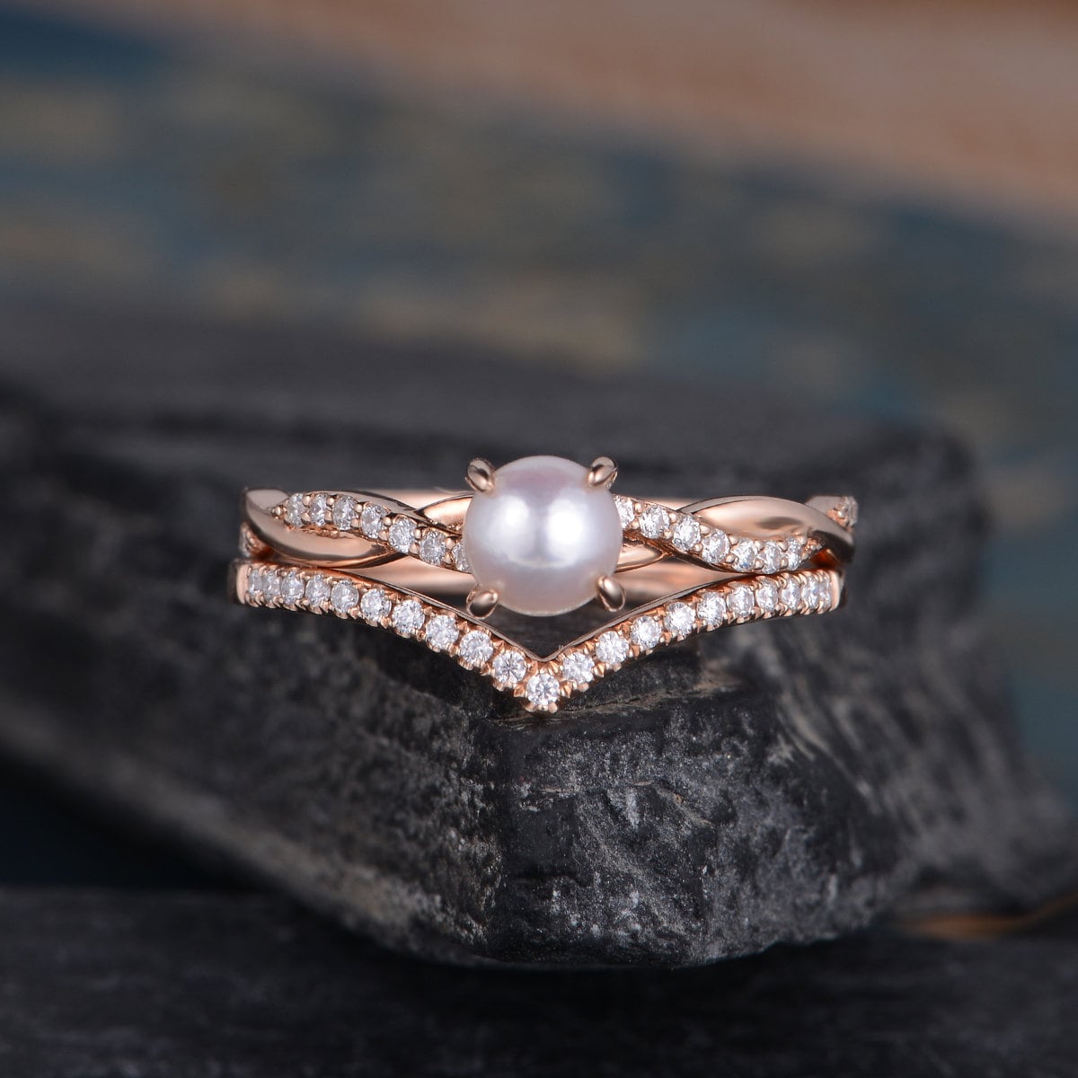 Rose gold pearl and diamond engagement ring Outlet