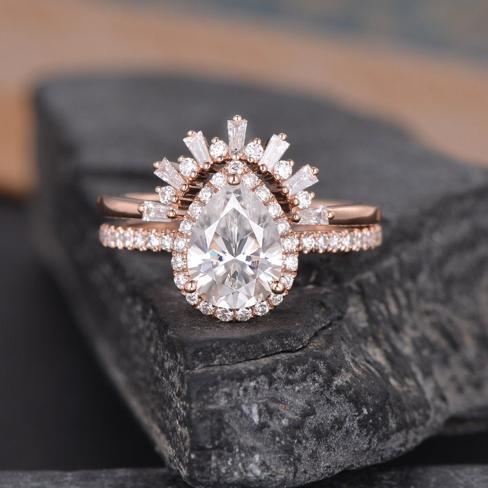 Details about   0.75 Ct Pear Cut White Moissanite Unique Halo Engagement Ring 14K Rose Gold Over