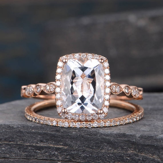 White Topaz Engagement Ring Set Rose Gold Bridal Sets Cushion | Etsy