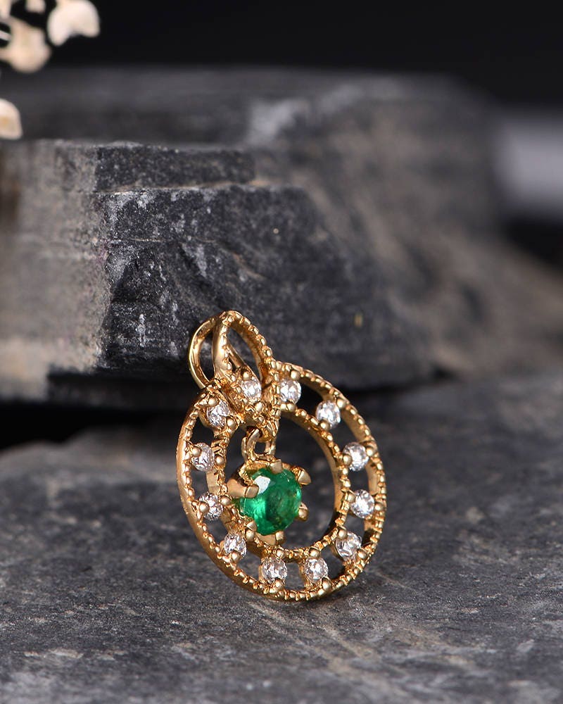 Natural Emerald Necklace Pendant Yellow Gold Diamond Halo | Etsy