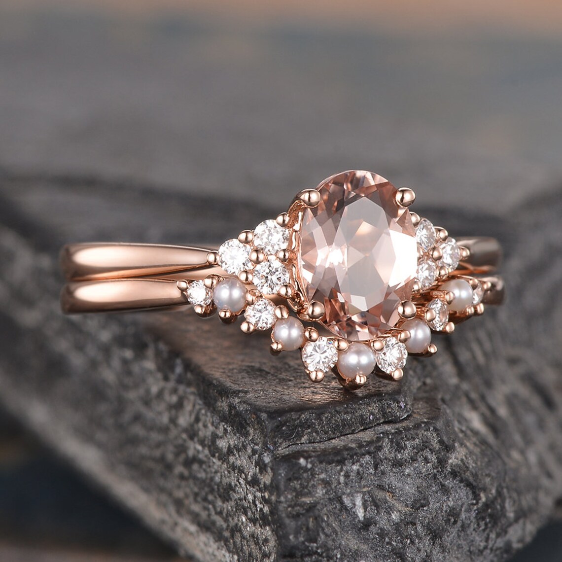 Pearl Morganite Engagement Ring Set Rose Gold Oval Morganite | Etsy
