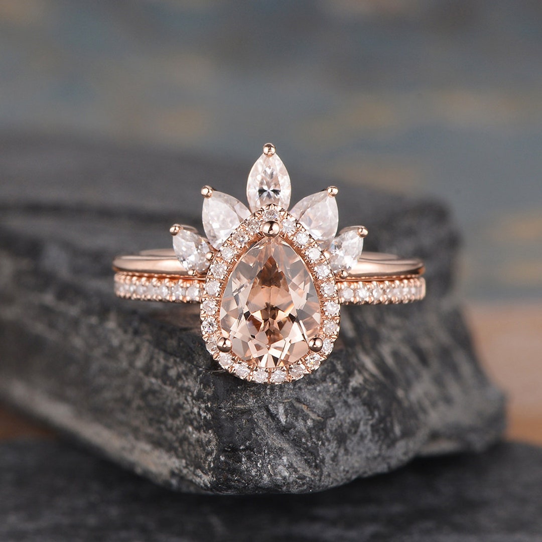 Pear Shaped Morganite Engagement Ring 2pcs Rose Gold Bridal Ring Set ...