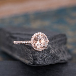 Rose Gold Morganite Engagement Ring Bridal Ring Halo Diamond Women Half ...