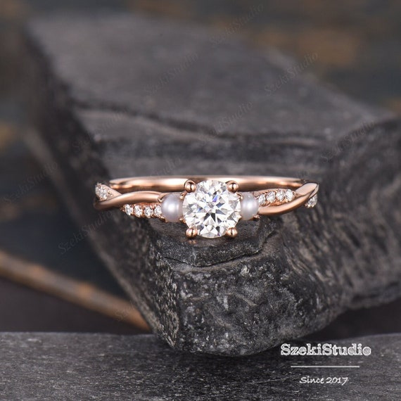 Pearl and 5mm Moissanite Engagement Ring White Gold Moissanite