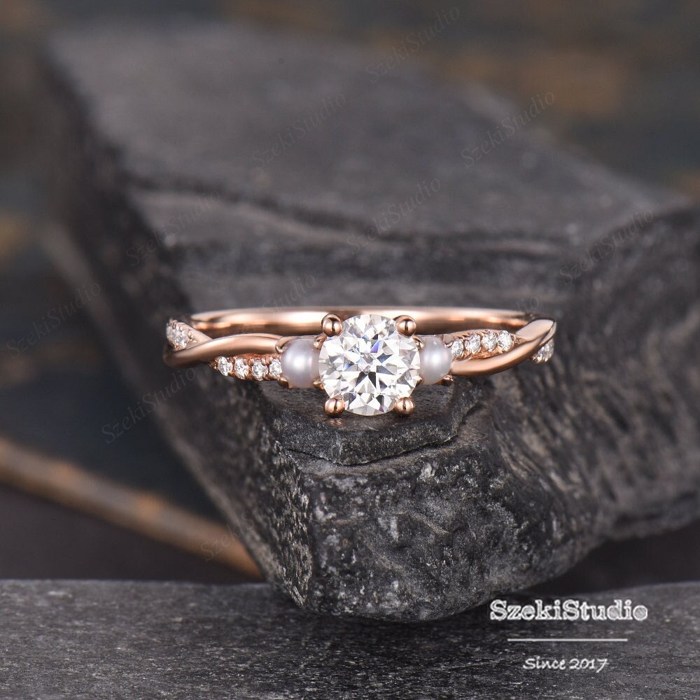 Pearl And 5mm Moissanite Engagement Ring White Gold Moissanite Ring Diamond Infinity Pearl Birthstone June Bridal Ring Three Stone Ring