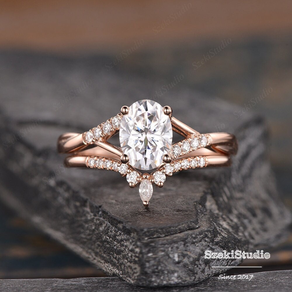 Ensemble De Bagues De Mariage En Or Rose 18k Avec Moissanite Ovale 2,80 Ct - Taille 5 à 7 - Neuf Garanti
