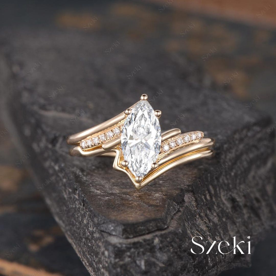 Unique Marquise Cut Lab Diamond Engagement Ring Set Yellow Gold Wavy ...
