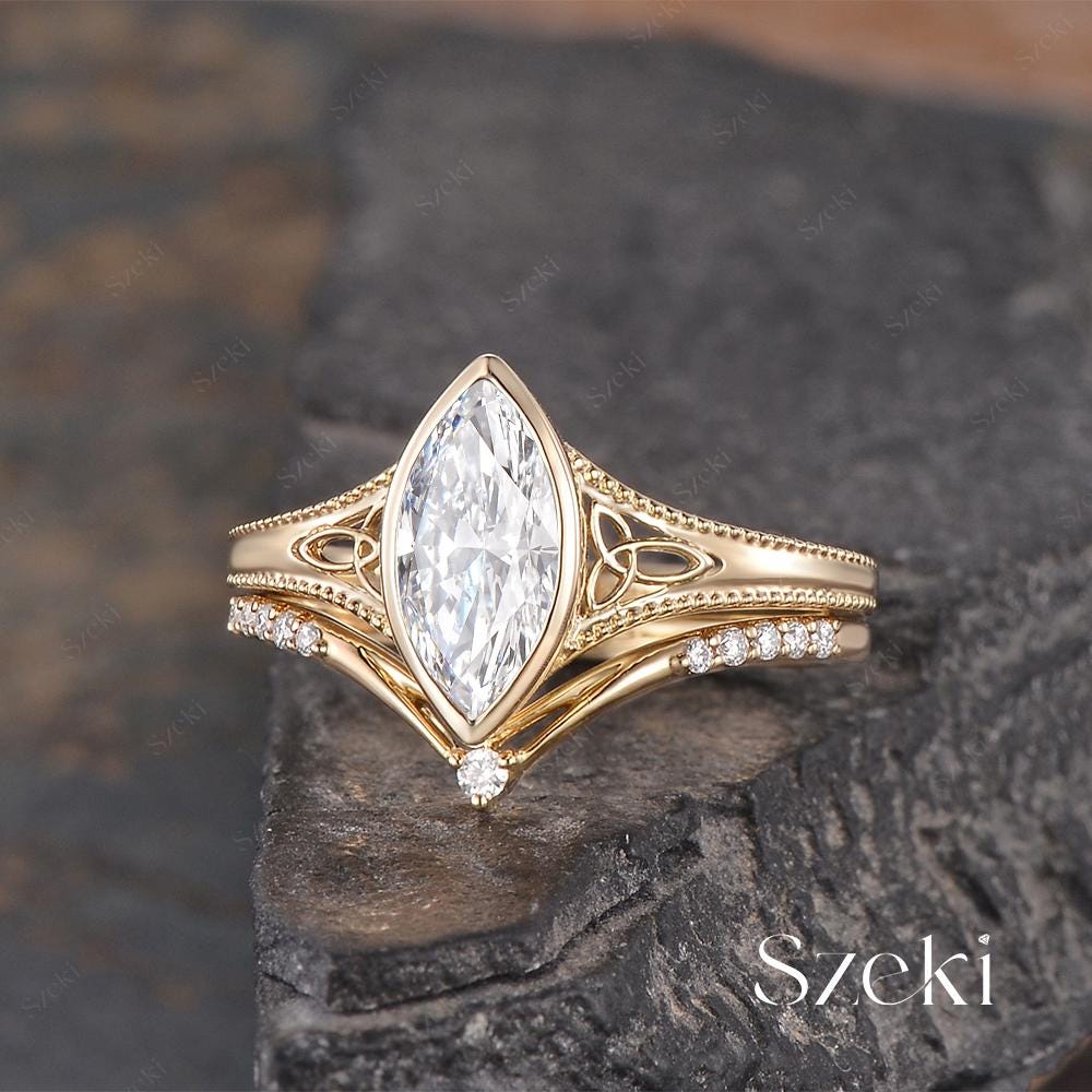 Marquise Cut Lab Diamond Engagement Ring Set Yellow Gold Lab Grown ...