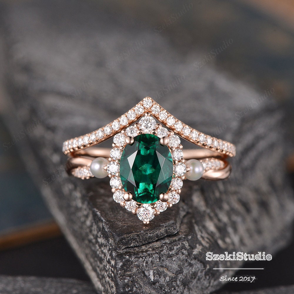Pearl Emerald Bridal Set Rose Gold Engagement Ring Set Women - Etsy