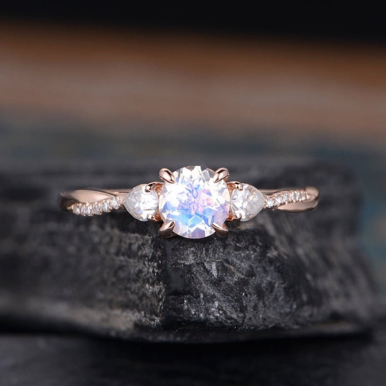 Rose Gold Moonstone Engagement Ring Moissanite Pear Shaped | Etsy