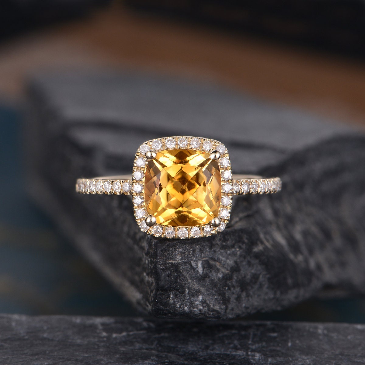 Citrine Diamond Twist 5mm Square Engagment ring - 14K Yellow Gold  |JewelsForMe