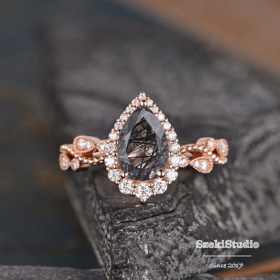 1.6CT Vine Black Rutilated Crystal Engagement Ring Rose Gold Women