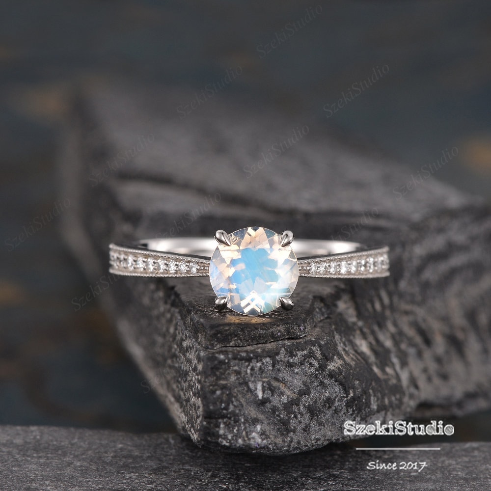 Hexagon Moonstone and Diamond Engagement Ring - Aurelius Jewelry