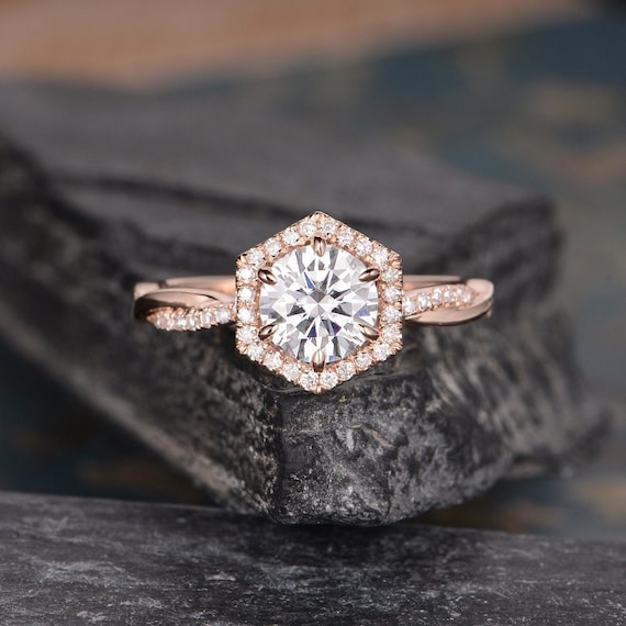 Rose Gold Engagement Ring Hexagon Moissanite Engagement Ring