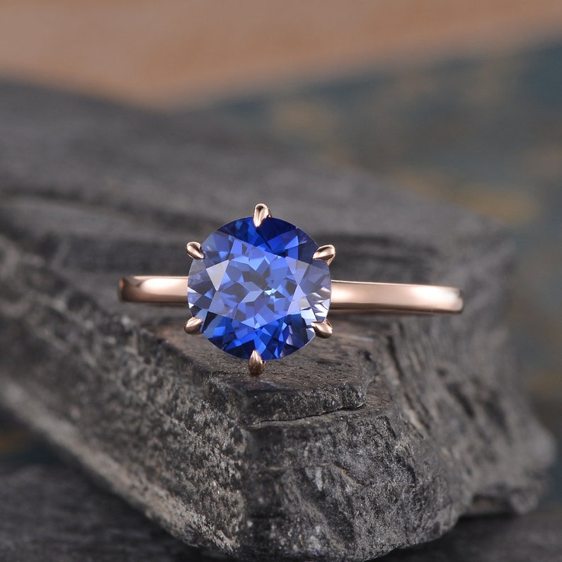 Solitaire Sapphire Engagement Ring Rose Gold Lab Sapphire Ring - Etsy