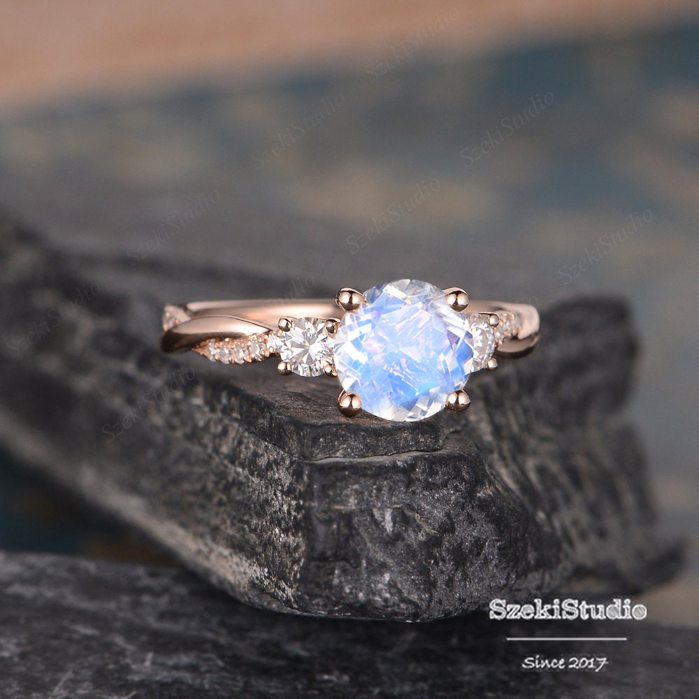Three Stone Moonstone Engagement Ring Infinity Twist Diamond | Etsy