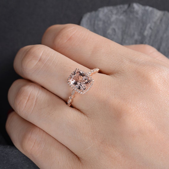 Rose Gold Morganite Engagement Ring Cushion Cut Diamond Halo Art