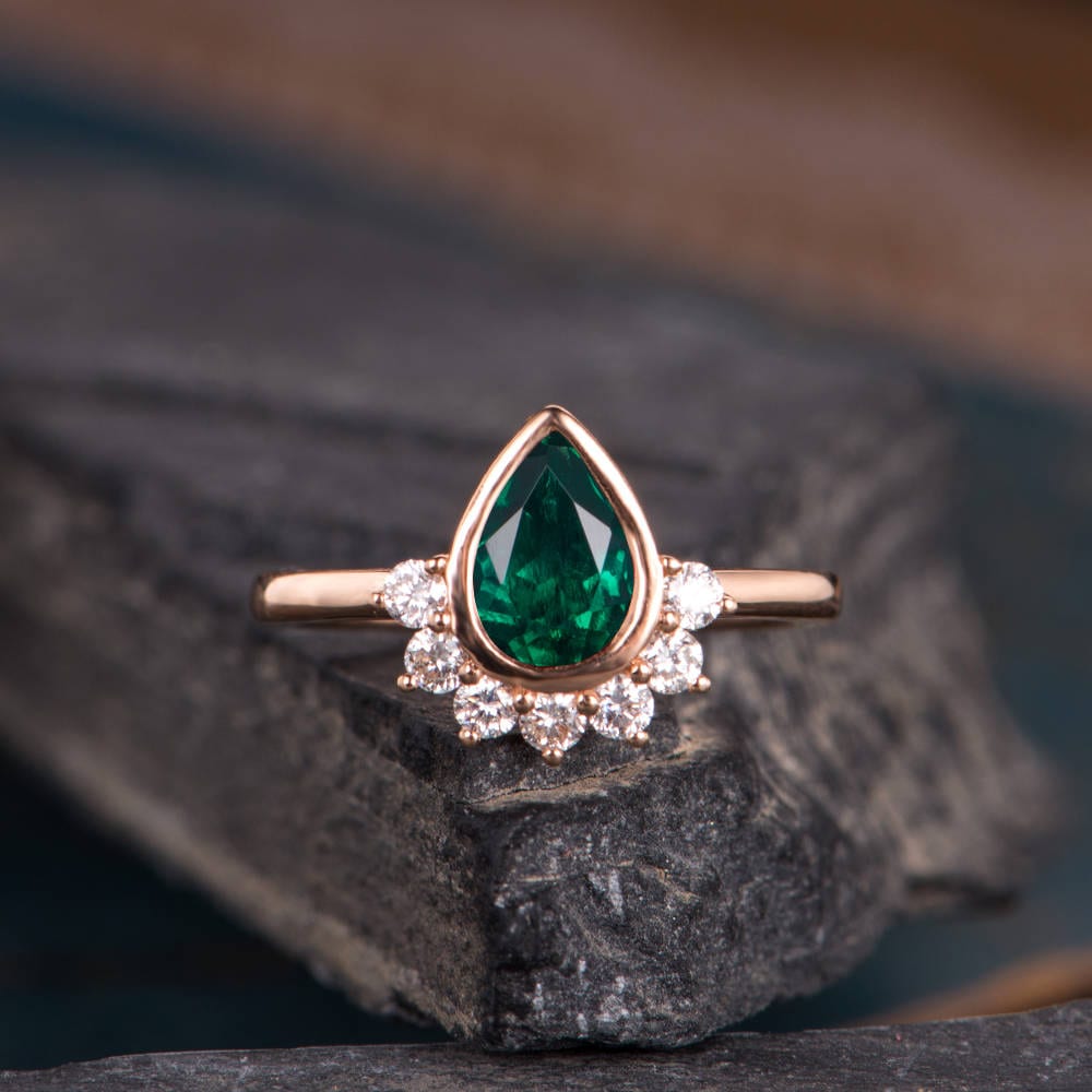 Rose Gold Lab Emerald Engagement Ring Pear Shaped Diamond Halo - Etsy
