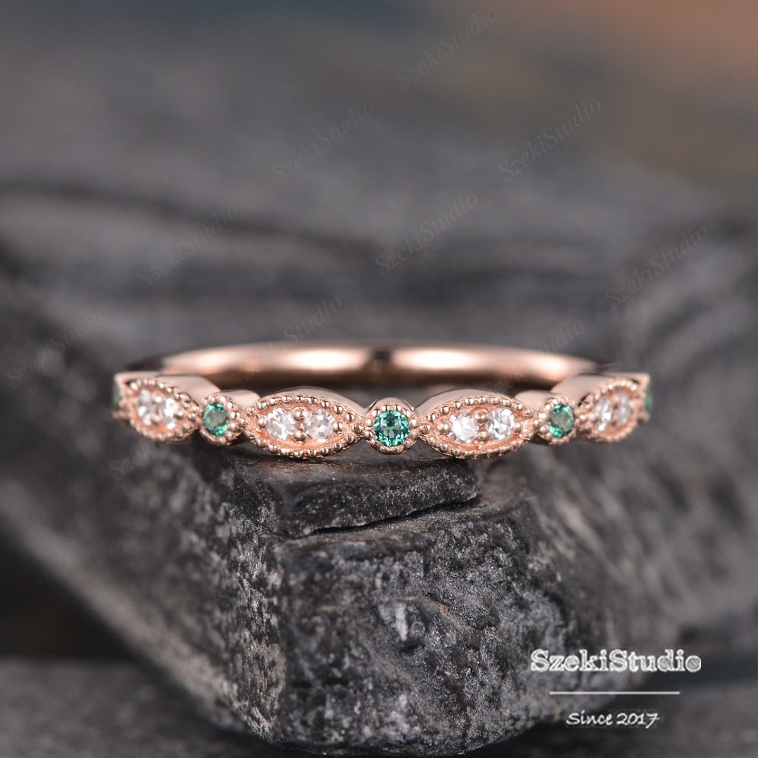Rose Gold Wedding Band Women Vintage Milgrain Marquise Art Deco Diamond ...