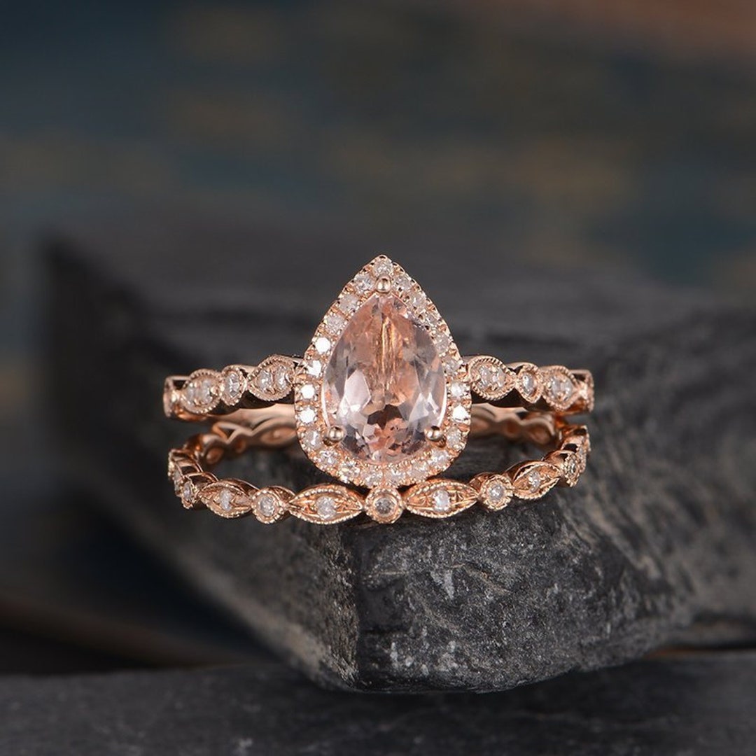 Art Deco Morganite Engagement Ring Rose Gold Bridal Set Pear Shaped ...