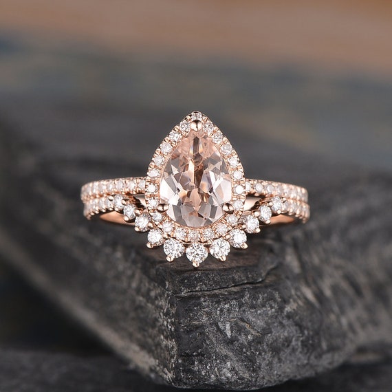 6x8mm Pear Shaped Morganite Bridal Set Rose Gold Engagement - Etsy