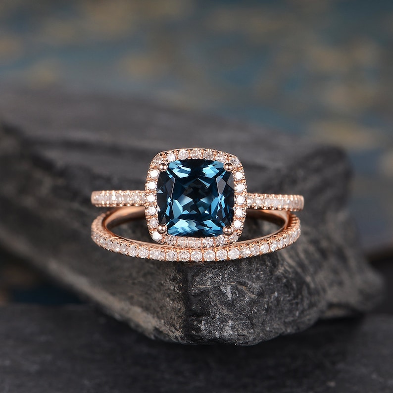 London Blue Topaz Engagement Ring Set Rose Gold Bridal Set | Etsy