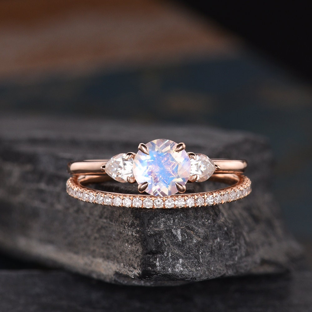 Moonstone Engagement Ring Rose Gold Bridal Set Pear Shaped | Etsy