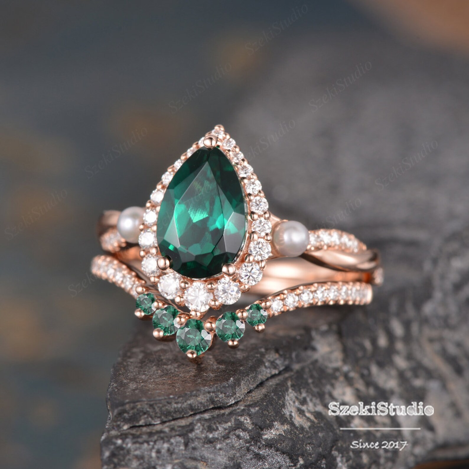 Emerald Engagement Ring Set Rose Gold Pear Shaped Lab Emerald - Etsy