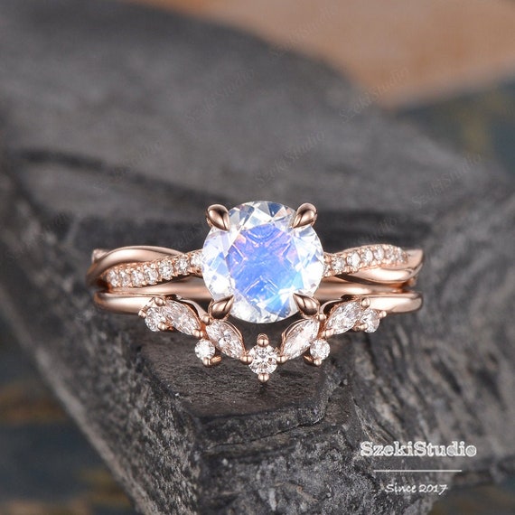 Infinity Moonstone Engagement Ring Set Rose Gold Bridal Set Twist