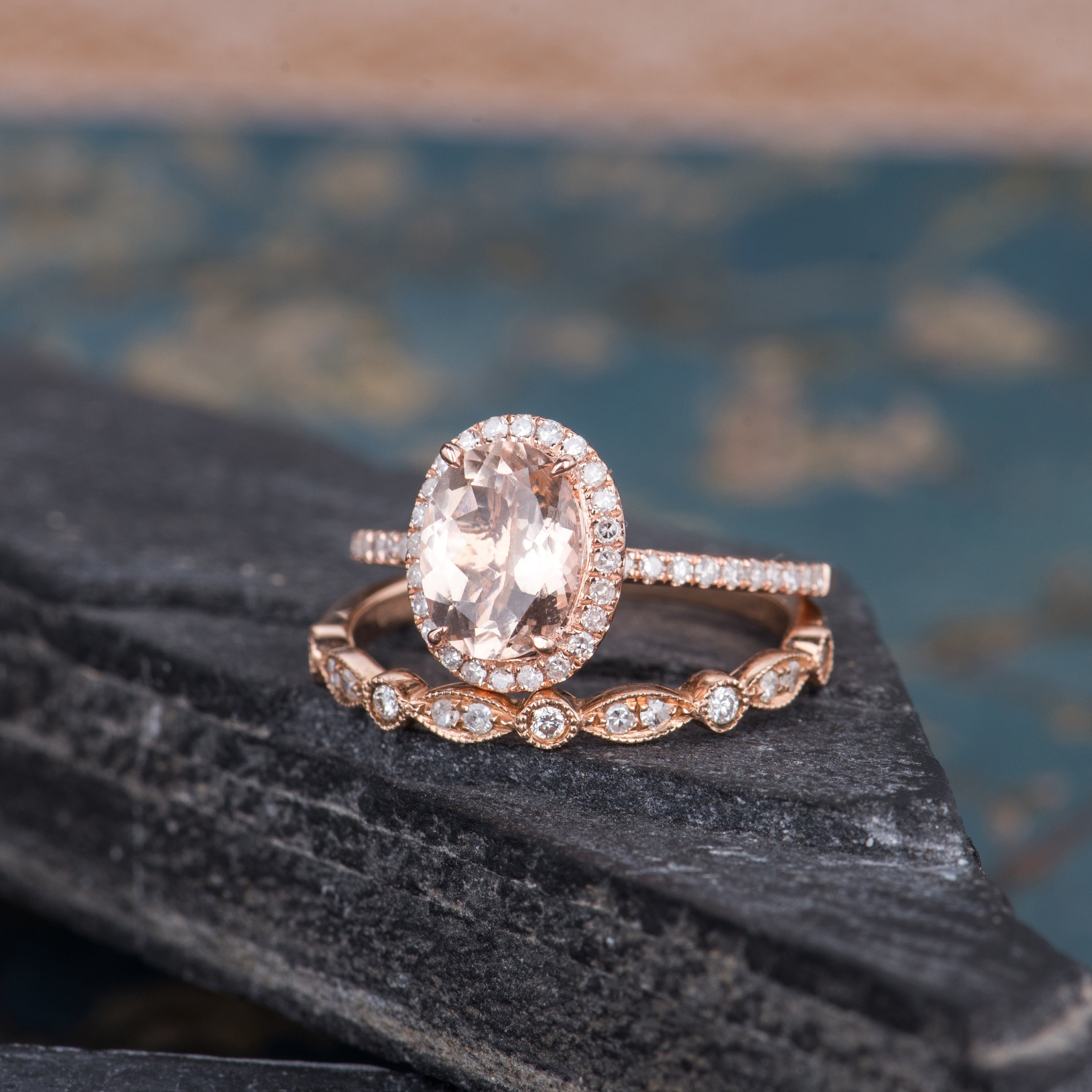 Art Deco Morganite Engagement Ring Rose Gold Bridal Set 2pcs | Etsy