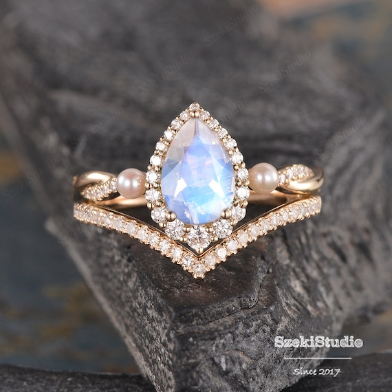 Pearl Moonstone Engagement Ring Set Yellow Gold Women Pear Shaped
