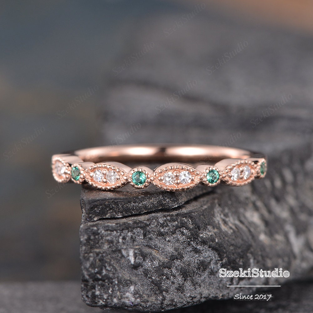 Rose Gold Wedding Band Women Vintage Milgrain Marquise Art Deco Diamond ...
